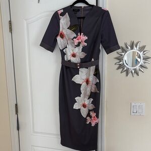 Ted Baker Charcoal Grey Midi Dress with White & Pink Floral Print